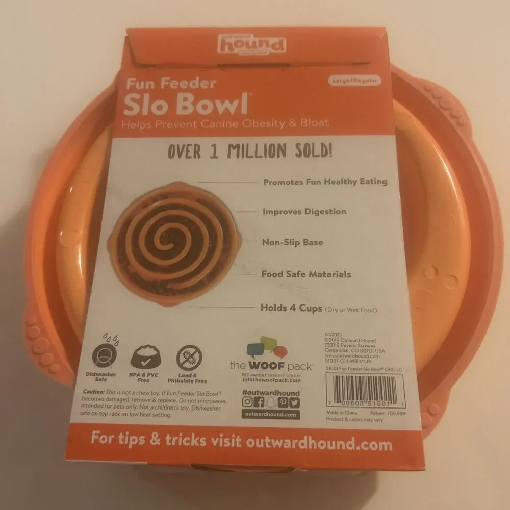 New Outward Hound Fun Feeder Slo Bowl-Holds 4 Cups-Orange-Dogs Eat 10x Slower